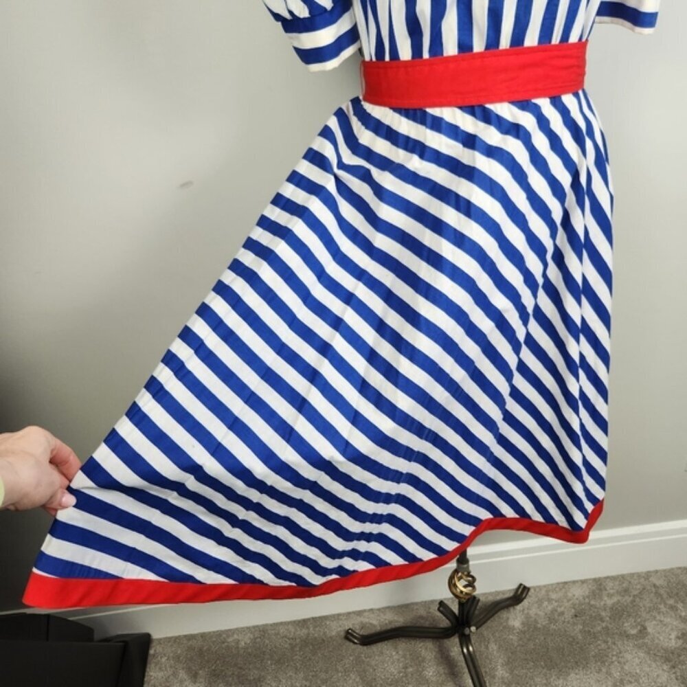 Vintage 100% Cotton Coastal Midi Dress Stripped Fits Medium Size 9 Pin Up Retro - Picture 4 of 15